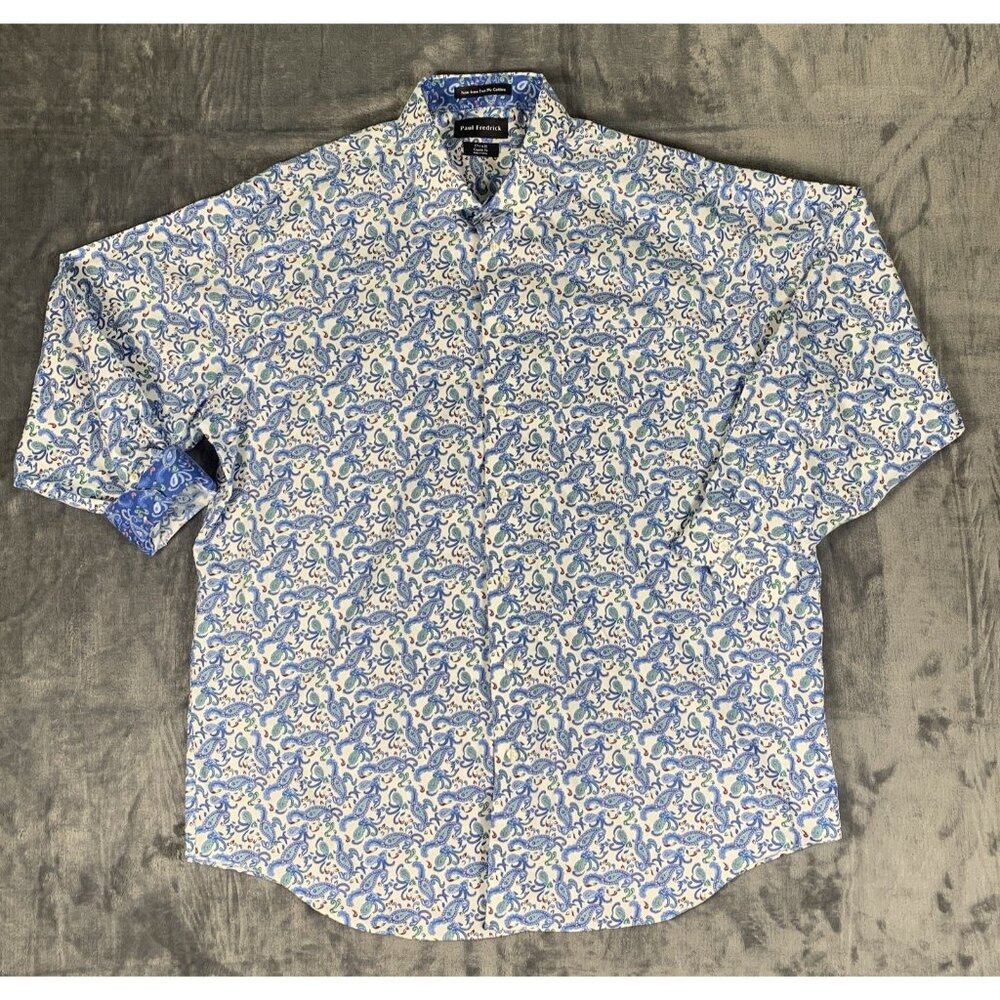 Paul Fredrick Paisley Button Up Shirt Blue Men’s 17.5 X 33 Classic Fit Hippie - Picture 2 of 8